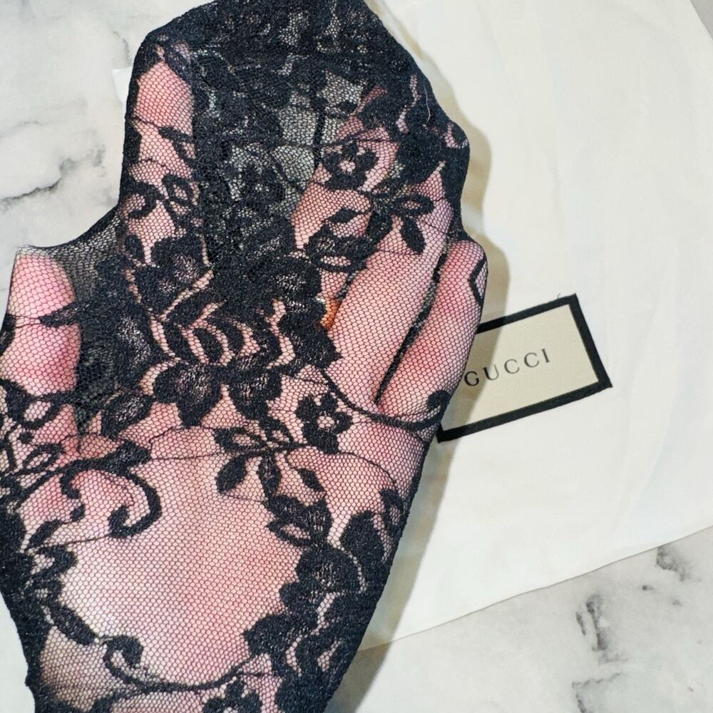 NEW 100%Auth Gucci Women's Black Floral Lace Tights Logo Waistband S 536458 1000 - Picture 7 of 8
